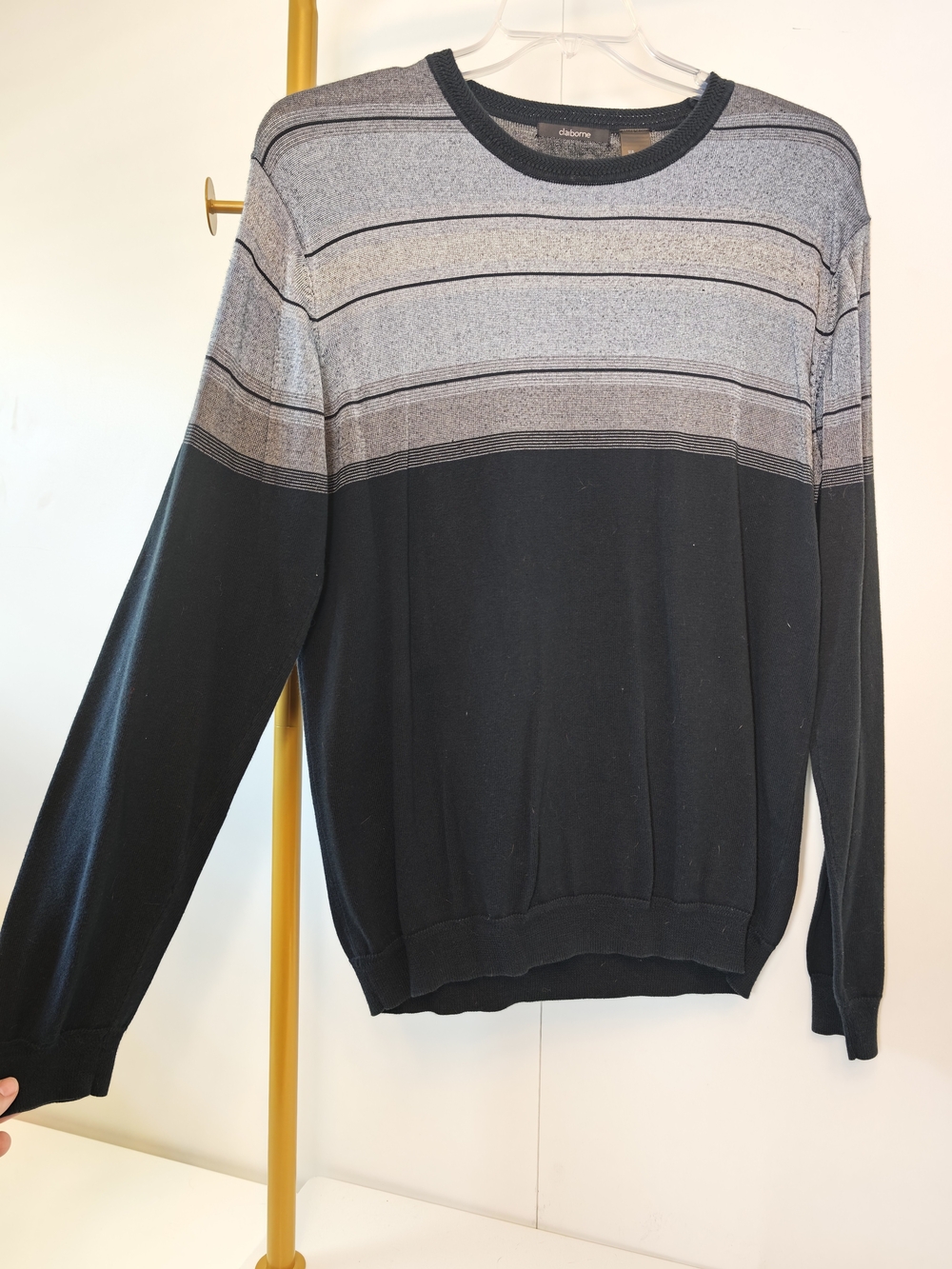 Claiborne Mens Crewneck Sweater Black Gray Blue Striped Yoke L RN 52002
